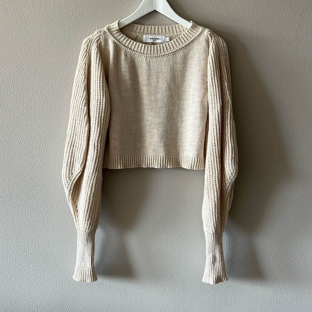 Ioanna Kourbella Cotton-Linen Balloon Sleeve Cropped Sweater in Ecru